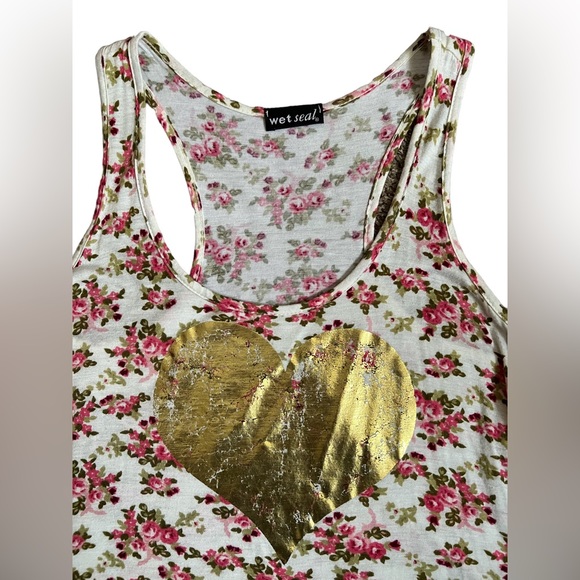Wet Seal Y2K Flowy Floral Swing Tank Gold Foil Heart - Picture 6 of 7
